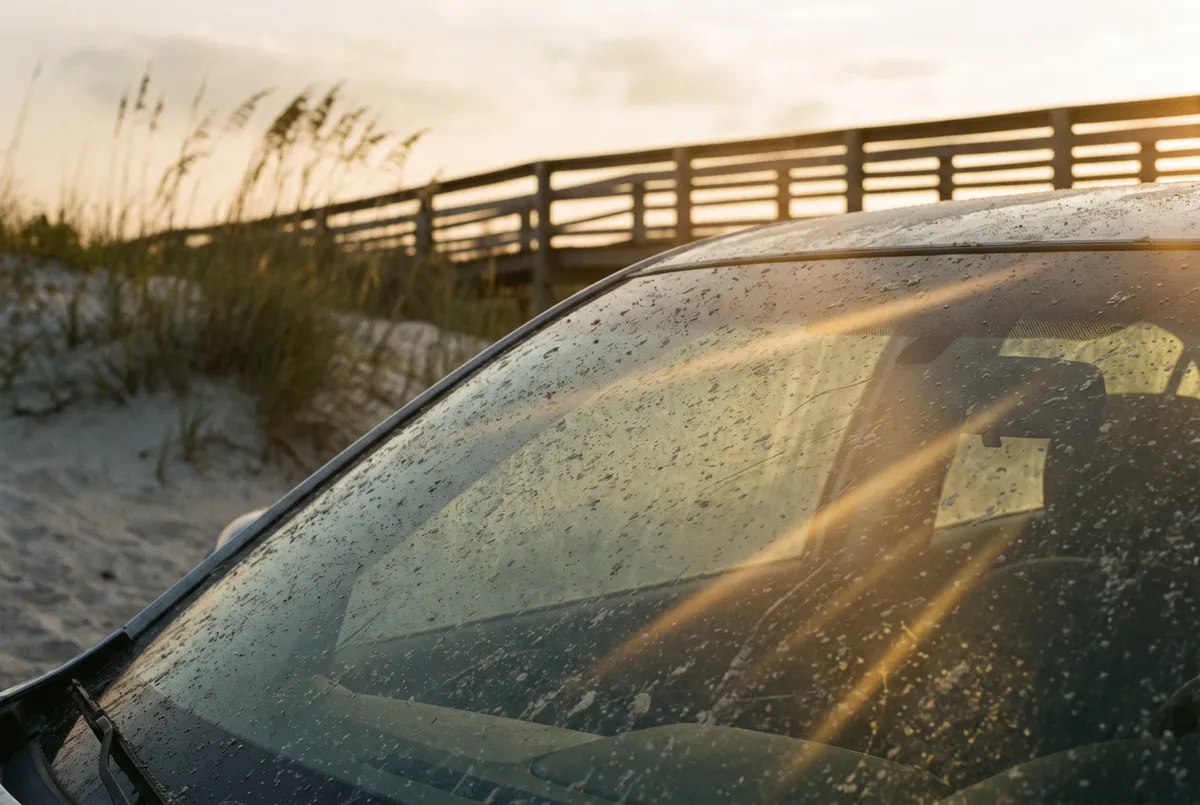 Sand-pitted windshield with sun glare near a Satellite Beach dune